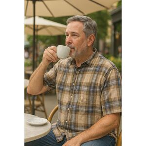 Henry Cotton’s Shirt XL 100% Linen Blue Taupe Plaid Button Down Business Casual